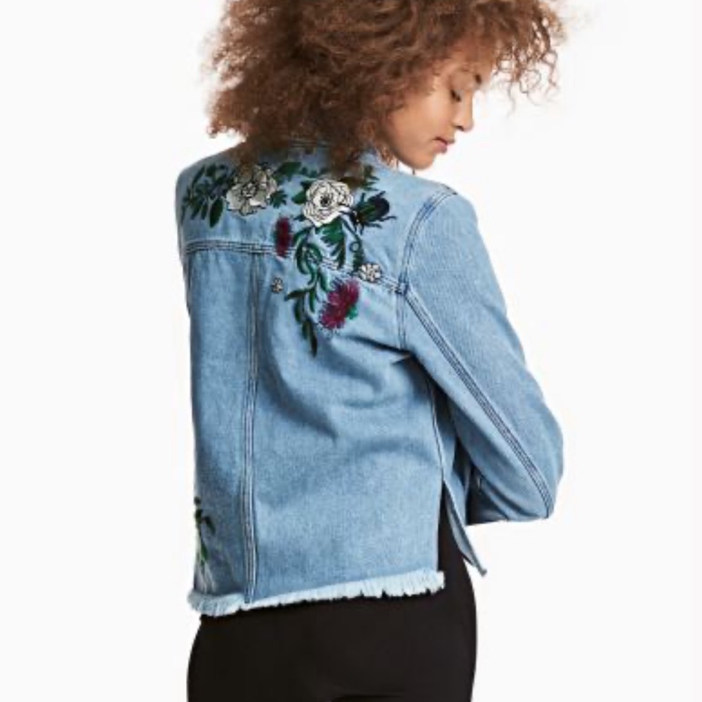 H&M Coachella Collection | Embroidered Blue Denim Jacket  raw hem | EUR 44 US 14